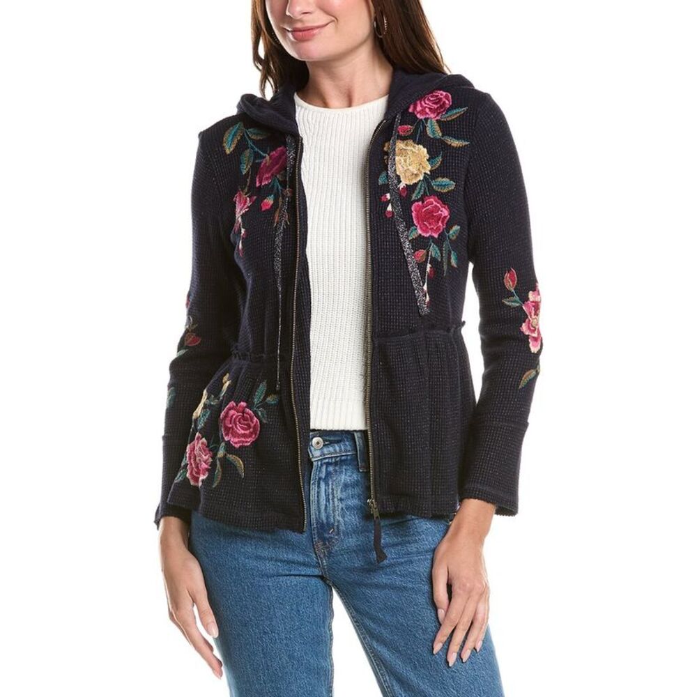 Johnny Was Womens Petite Peplum Metallic Thermal Hoodie, Navy